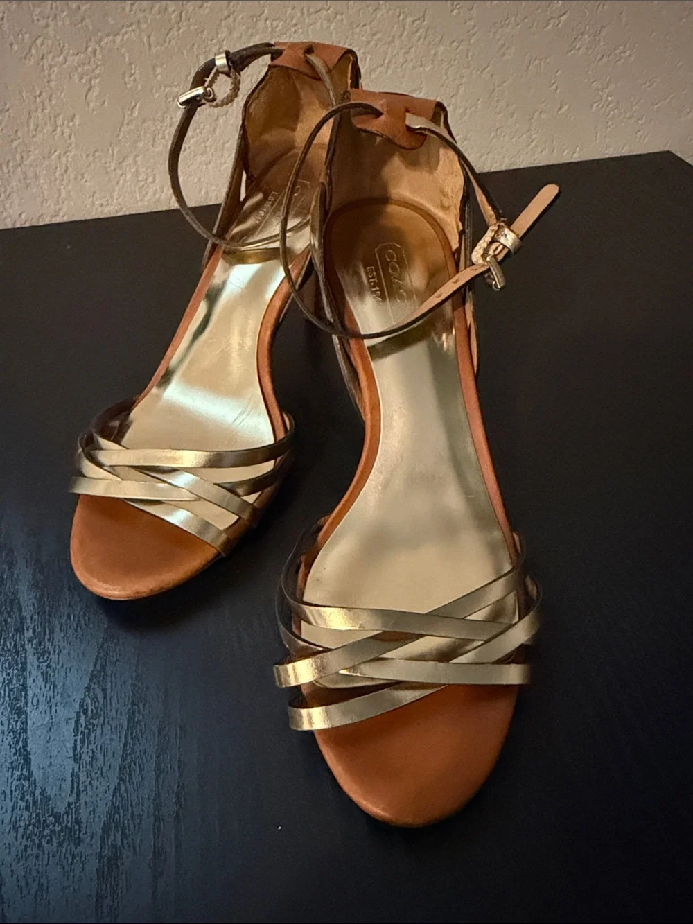 Coach Brown Leather Heeled Sandals with Gold Straps